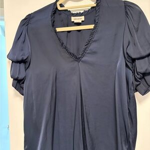 Zadig & Voltaire Navy V-Neck Satin Ruffle Puff Sleeve Blouse